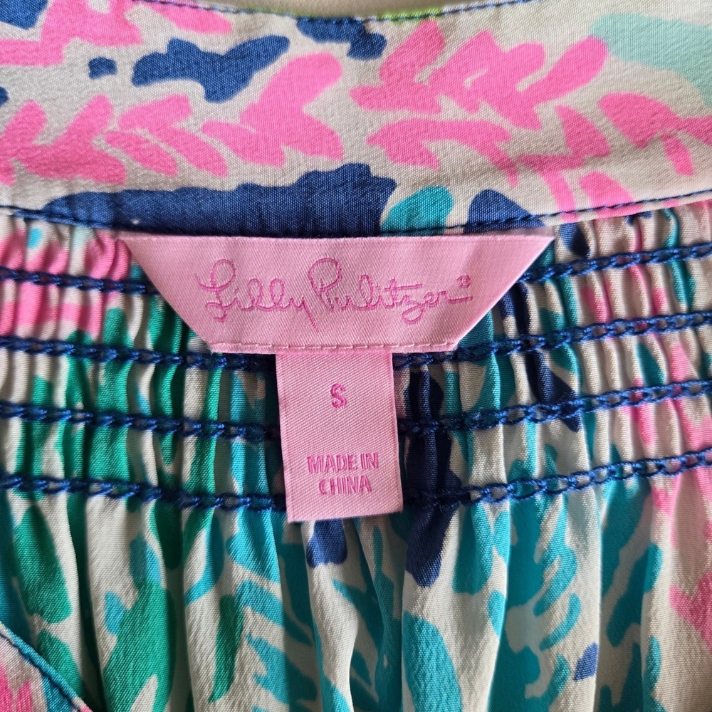 Lilly Pulitzer Pink Blue Coral Print Silk Blouse Sz S Resort Preppy Coastal Chic - Picture 7 of 10